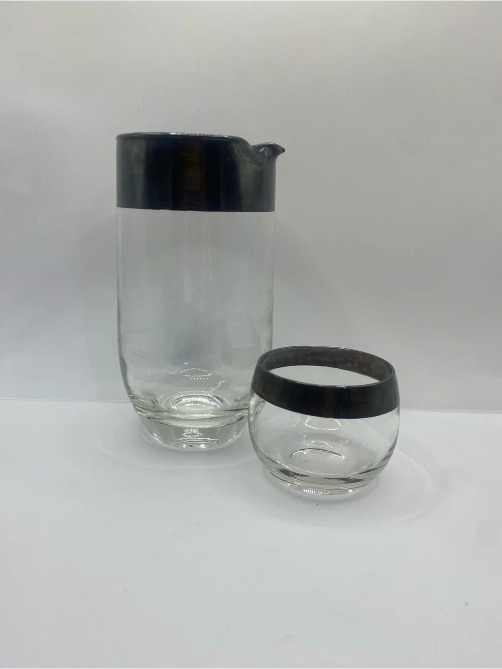 Vintage Dorothy Thorpe Silver Crystal Cocktail Pitcher & Roly Poly Glass